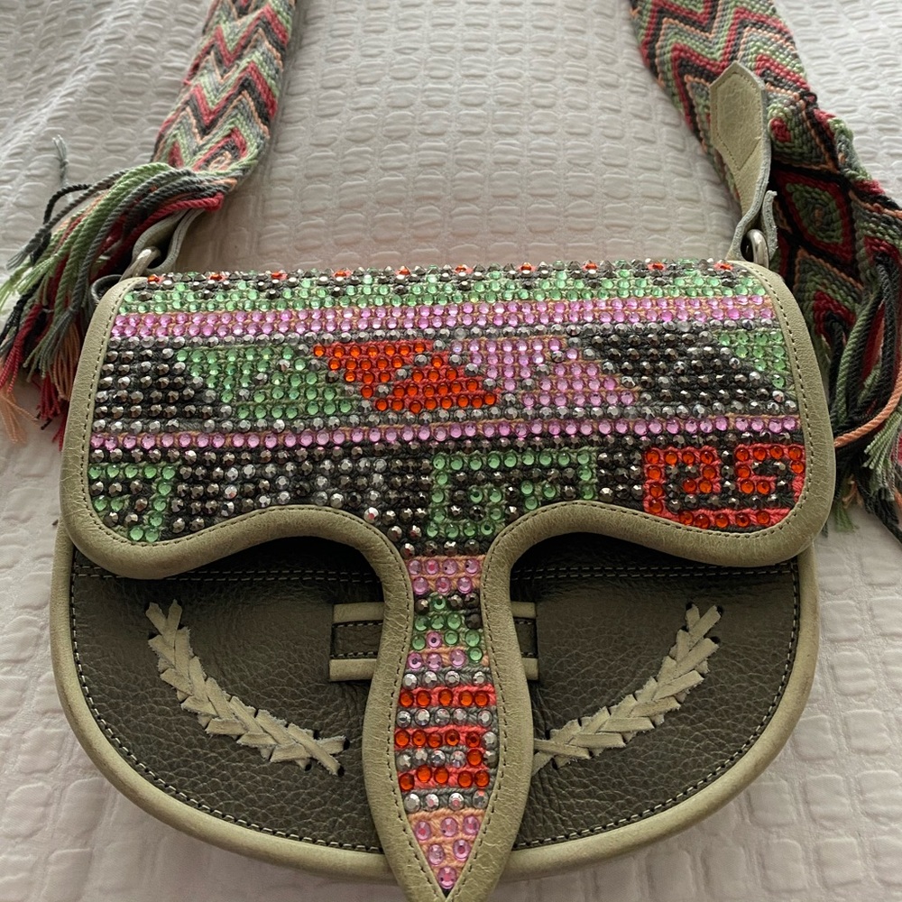 Leather bag with multicolor rhinestones